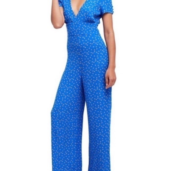 Free People Cornflower Blue Floral Jumpsuit Suit Jumper Romper Wide Leg size  10 - Picture 3 of 13
